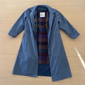 London Fog Vintage Blue Trench Coat Plaid Lined Petite 4 Made in USA